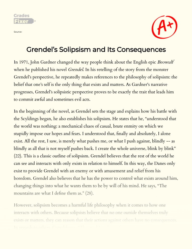 Grendel’s Solipsism and Its Consequences Essay