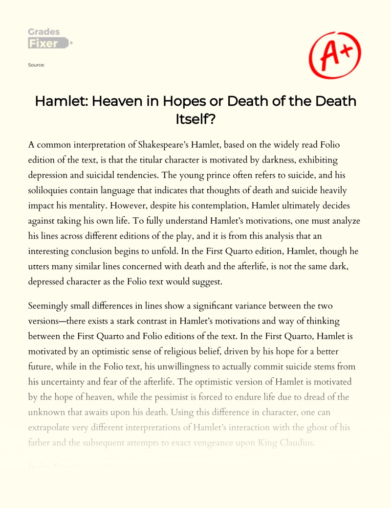 Heaven in Hopes Or Death of The Death Itself in Hamlet Essay