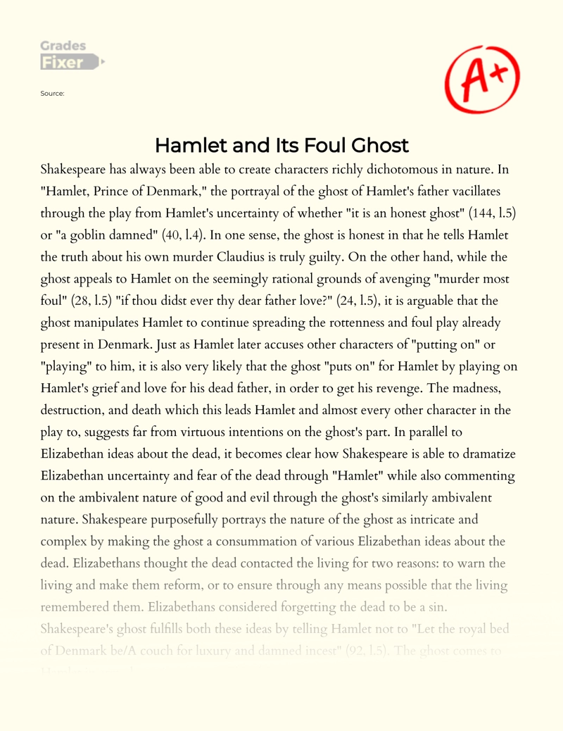 Hamlet and Its Foul Ghost essay