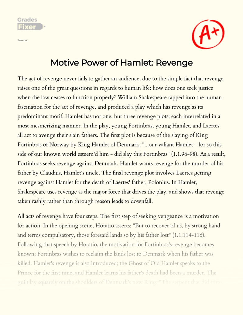 Hamlet: Revenge as The Major Force that Drives The Play Essay