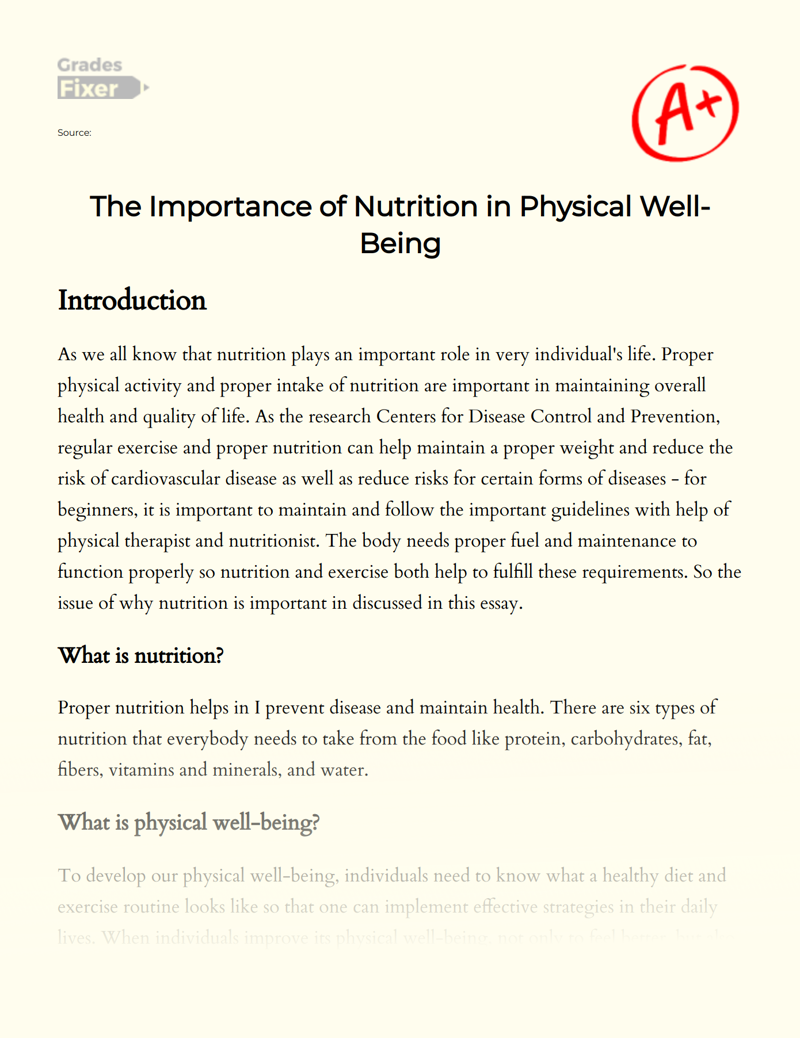 Nutrition as an Important Aspect of Our Life: Physical & Mental Health Essay