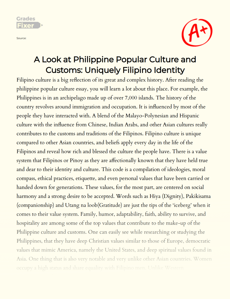A Look at Philippine Popular Culture and Customs: a Unique Filipino Identity Essay