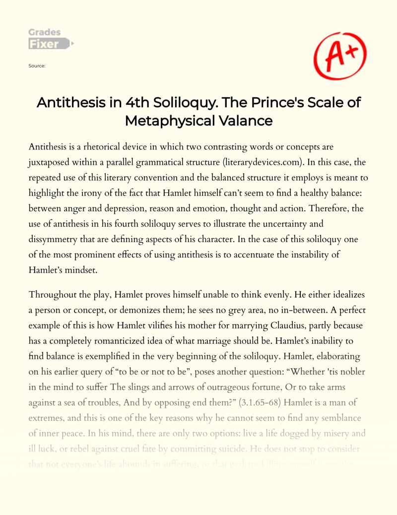 Antithesis in 4th Soliloquy. The Prince's Scale of Metaphysical Valance essay