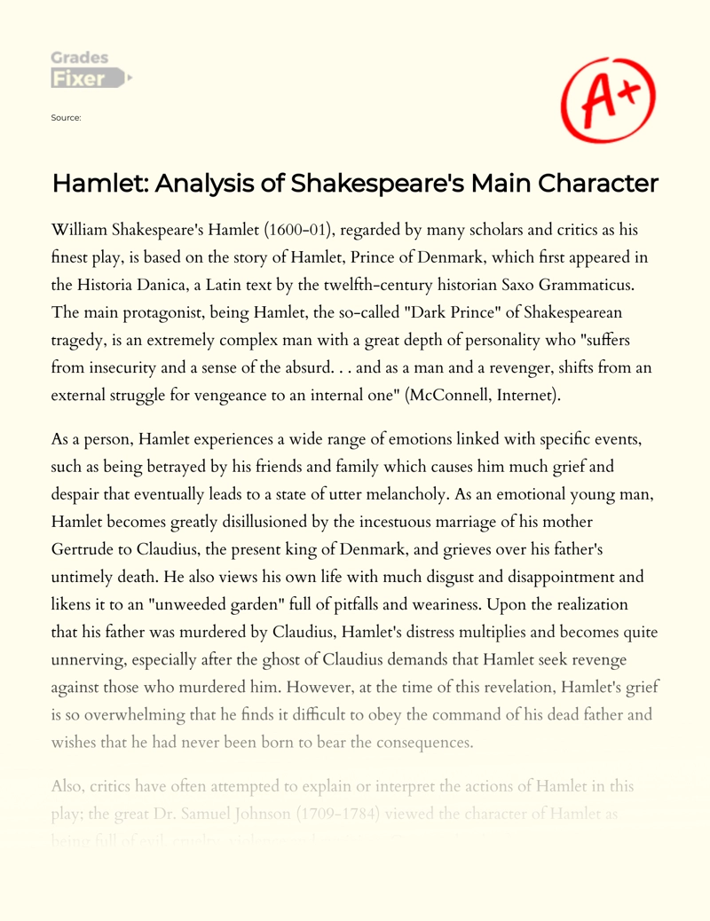 Hamlet: Analysis of Shakespeare's Main Character Essay
