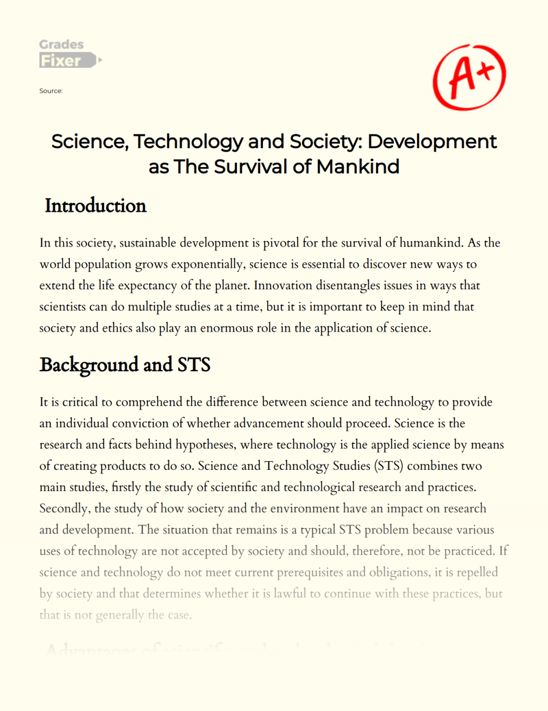 Science, Technology and Society: Development as The Survival of Mankind Essay