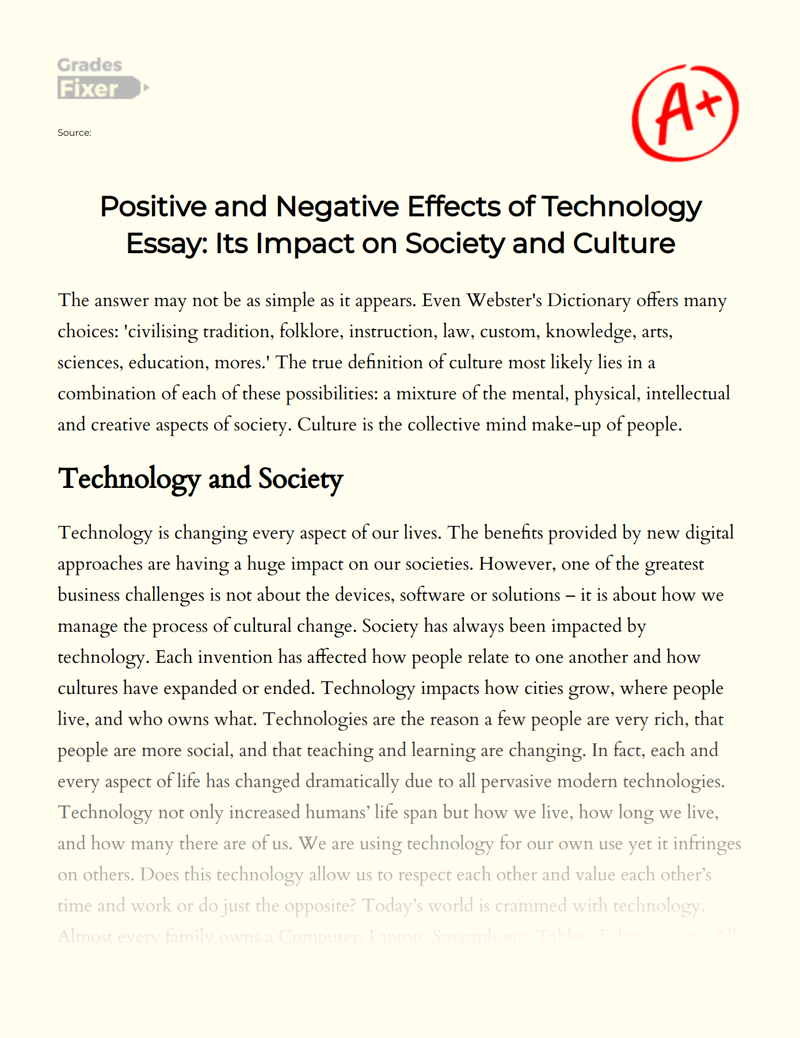 Effects of Technology: Its Impact on Society and Culture Essay