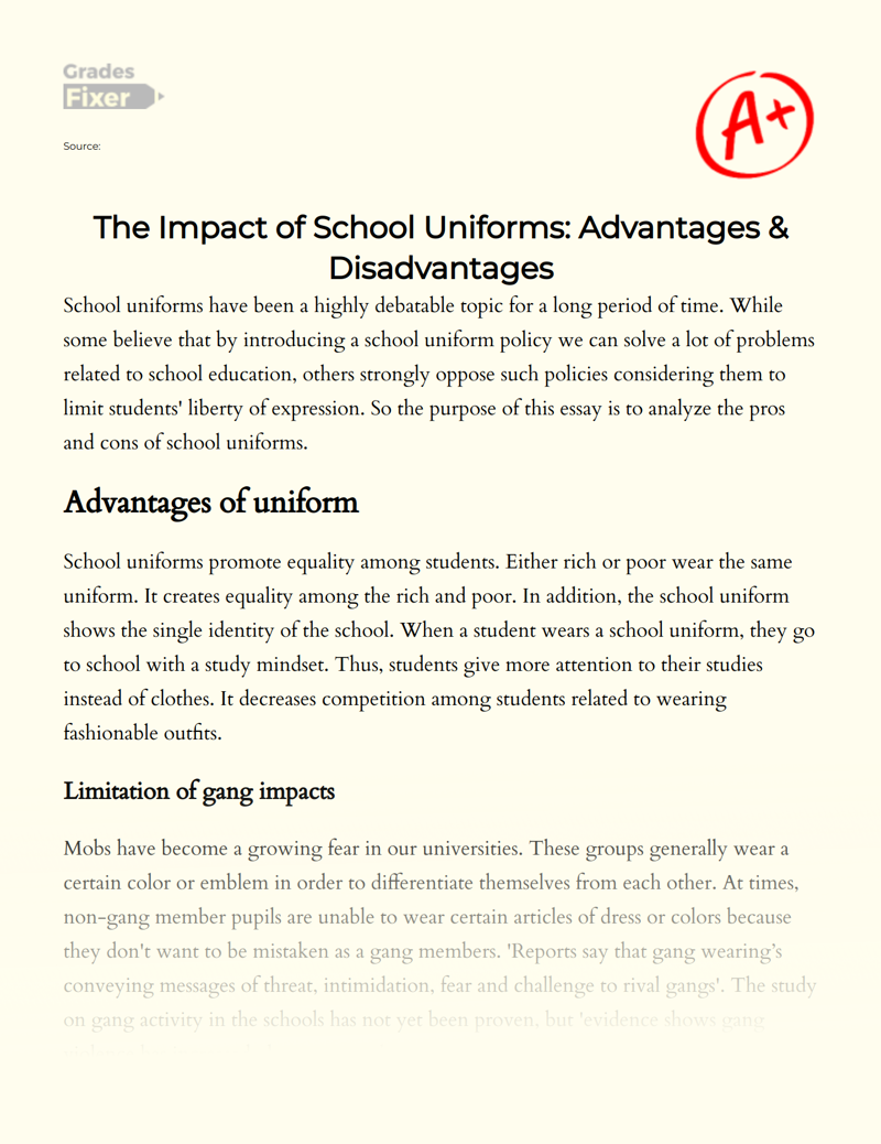 Education Policies: The Pros And Cons Of School Uniforms: [Essay Example],  1900 words GradesFixer