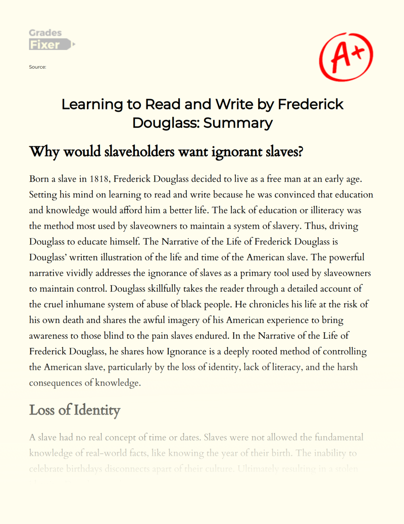 Learning to Read and Write by Frederick Douglass: Summary Essay