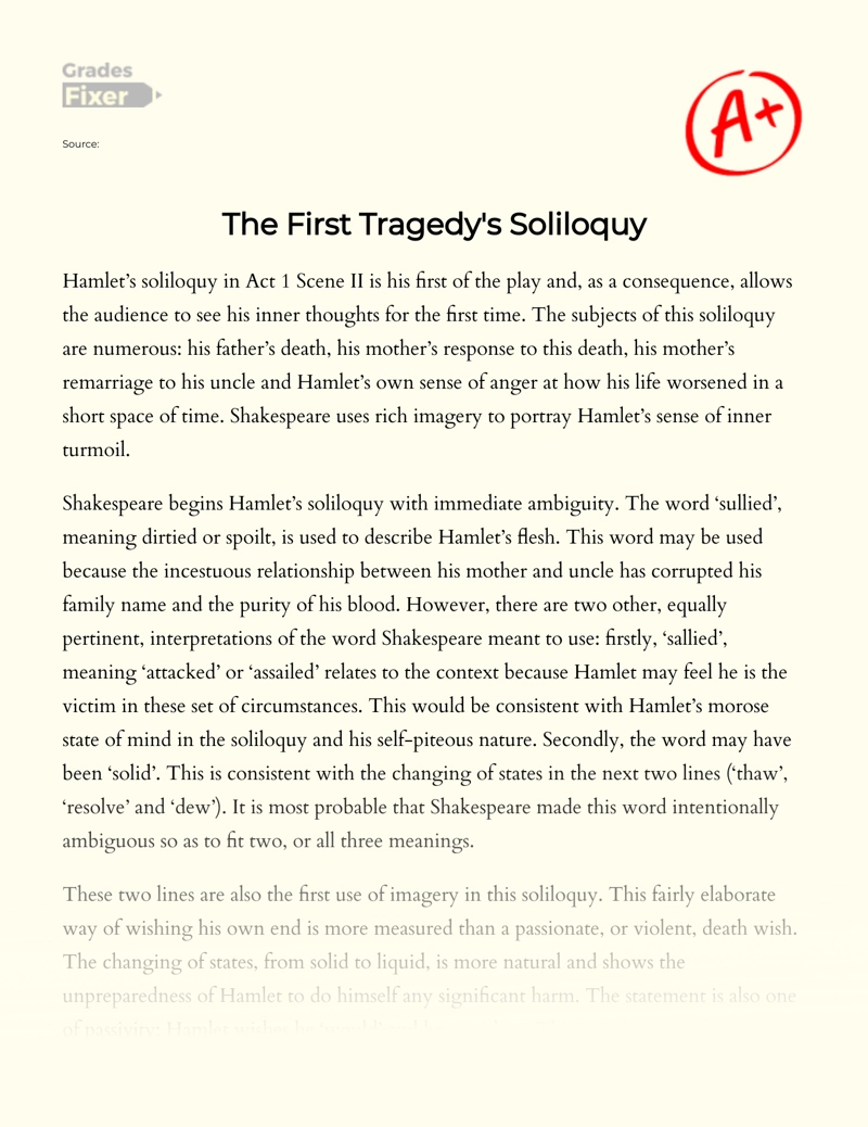 Analysis of Hamlet's First Soliloquy in The Play Essay