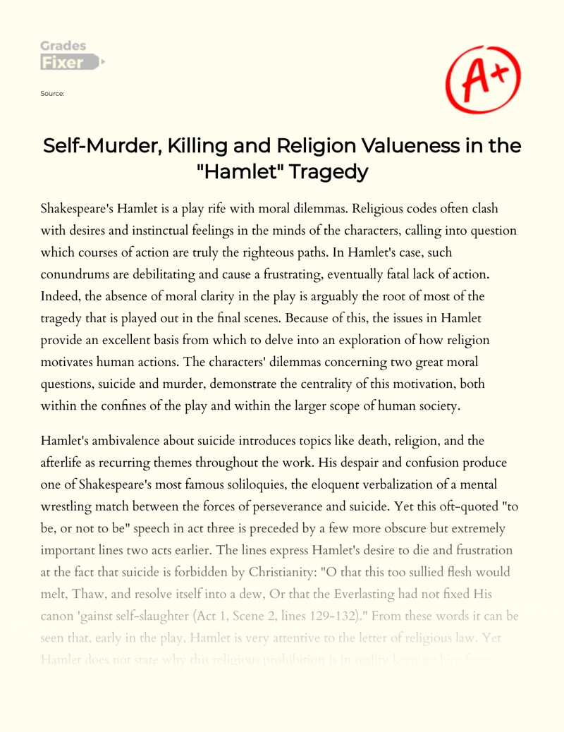 Self-murder, Killing and Religion Valueness in The "Hamlet" Tragedy Essay