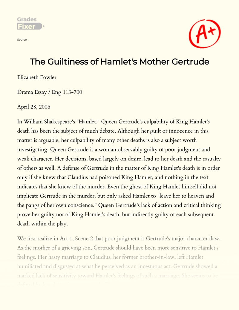 The Guiltiness of Hamlet's Mother Gertrude Essay