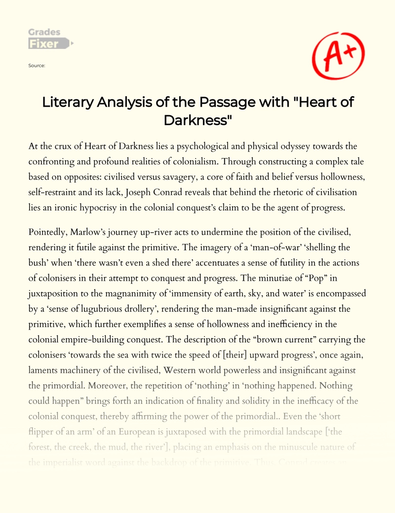 Literary Analysis of The Passage with "Heart of Darkness" Essay