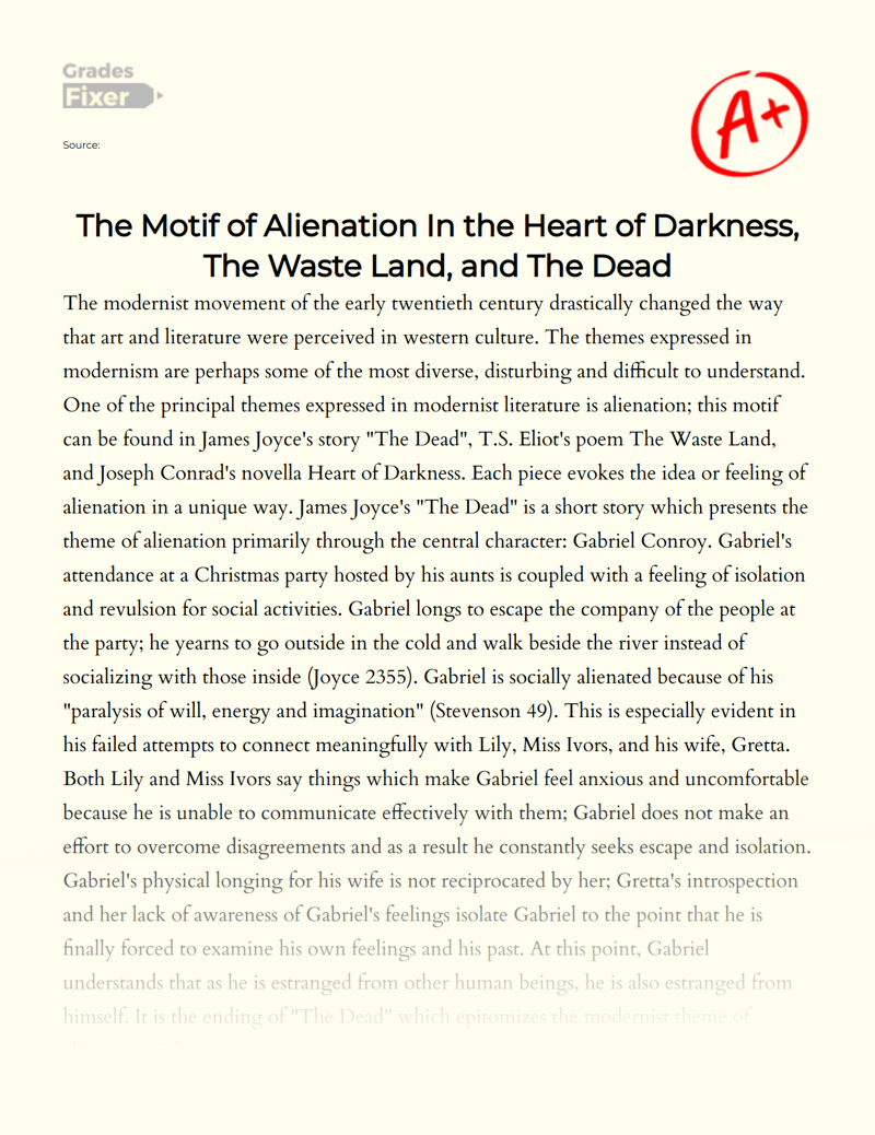 The Motif of Alienation in The Heart of Darkness, The Waste Land, and The Dead Essay