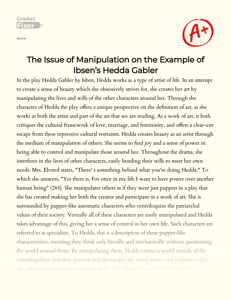 The Art of Manipulation in Ibsen’s Hedda Gabler Essay