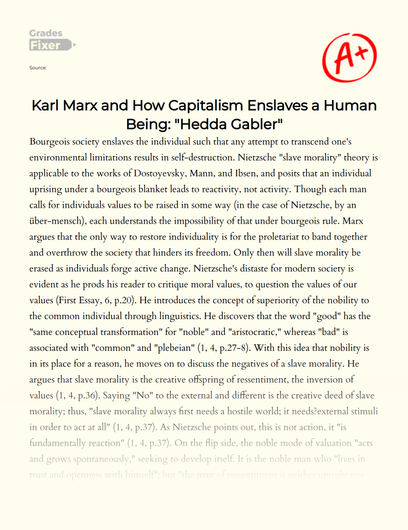 Karl Marx and How Capitalism Enslaves a Human Being: "Hedda Gabler" Essay