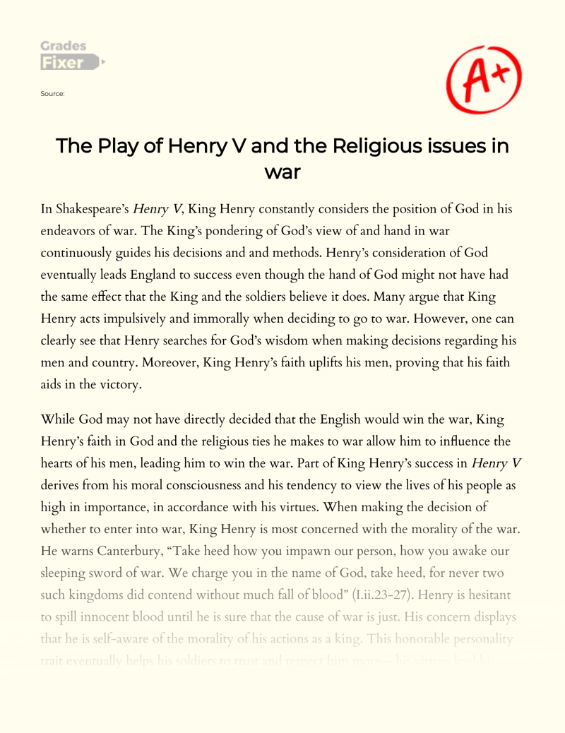 God and War in Henry V by William Shakespeare Essay