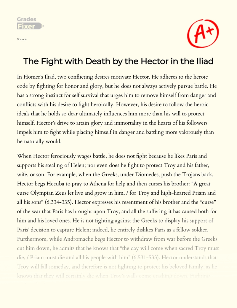 The Fight with Death by The Hector in The Iliad essay