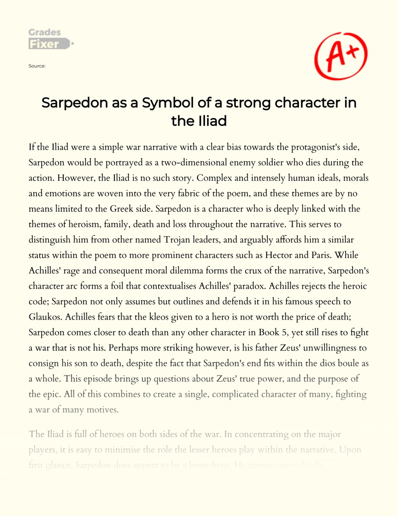 Sarpedon as a Symbol of a Strong Character in The Iliad Essay