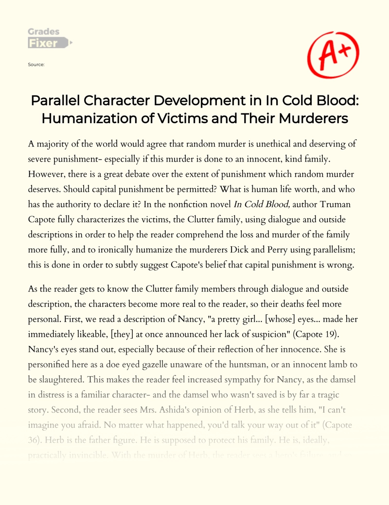 Parallel Character Development in in Cold Blood: Humanization of Victims and Their Murderers Essay
