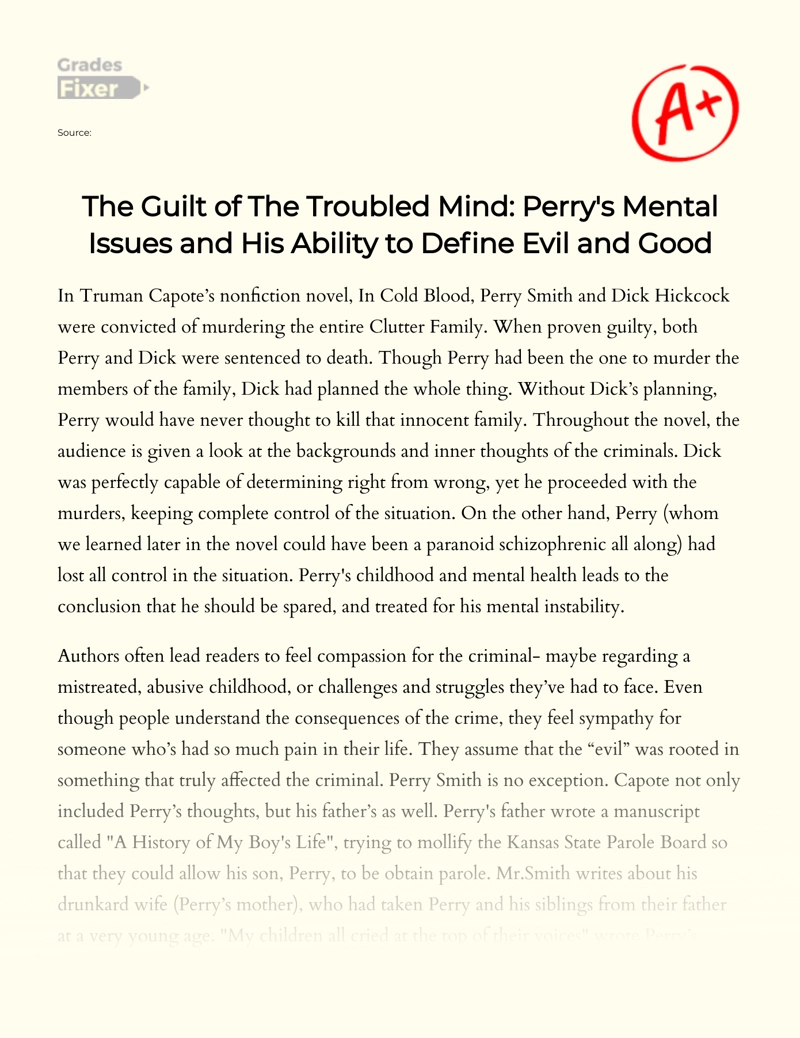 Analysis of Perry's Mental Issues in in Cold Blood Essay