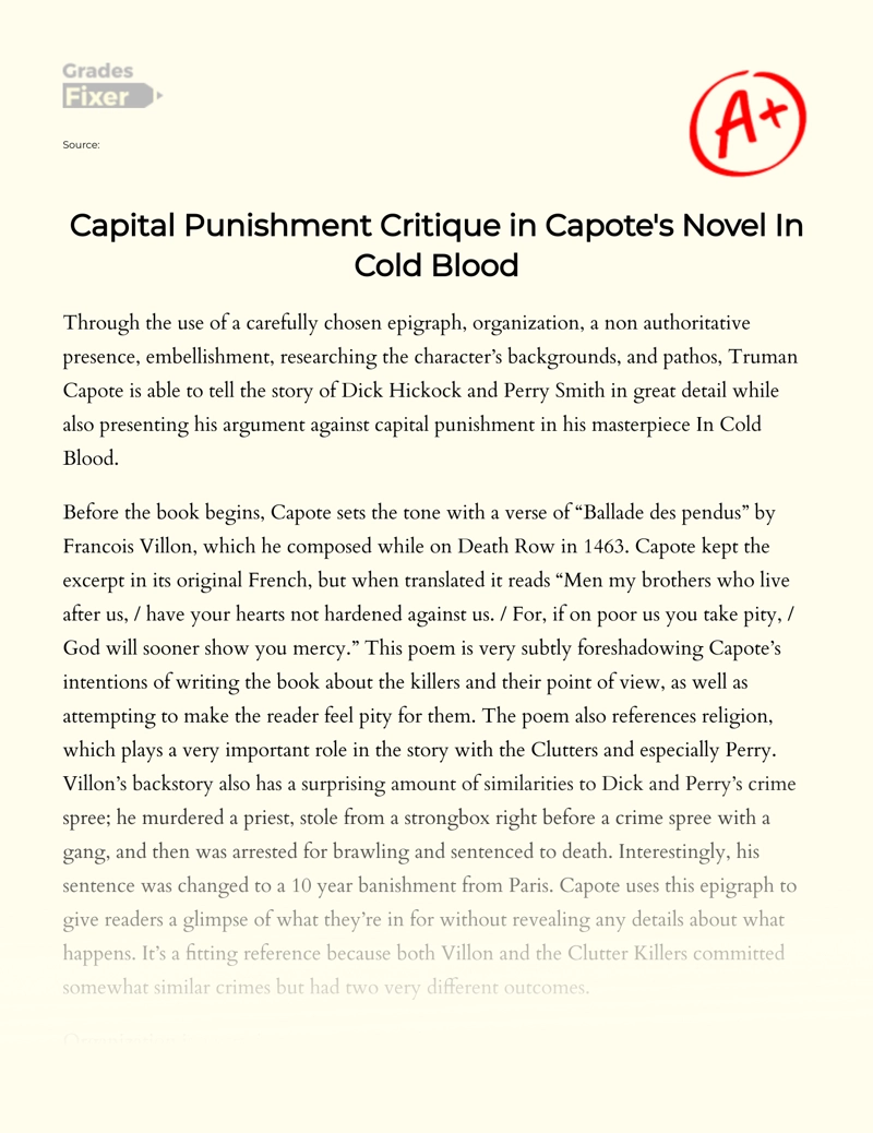 Capital Punishment Critique in Capote's Novel in Cold Blood Essay