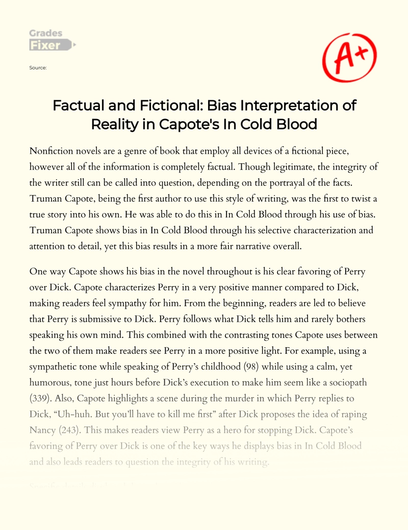 Factual and Fictional: Bias Interpretation of Reality in Capote's in Cold Blood Essay