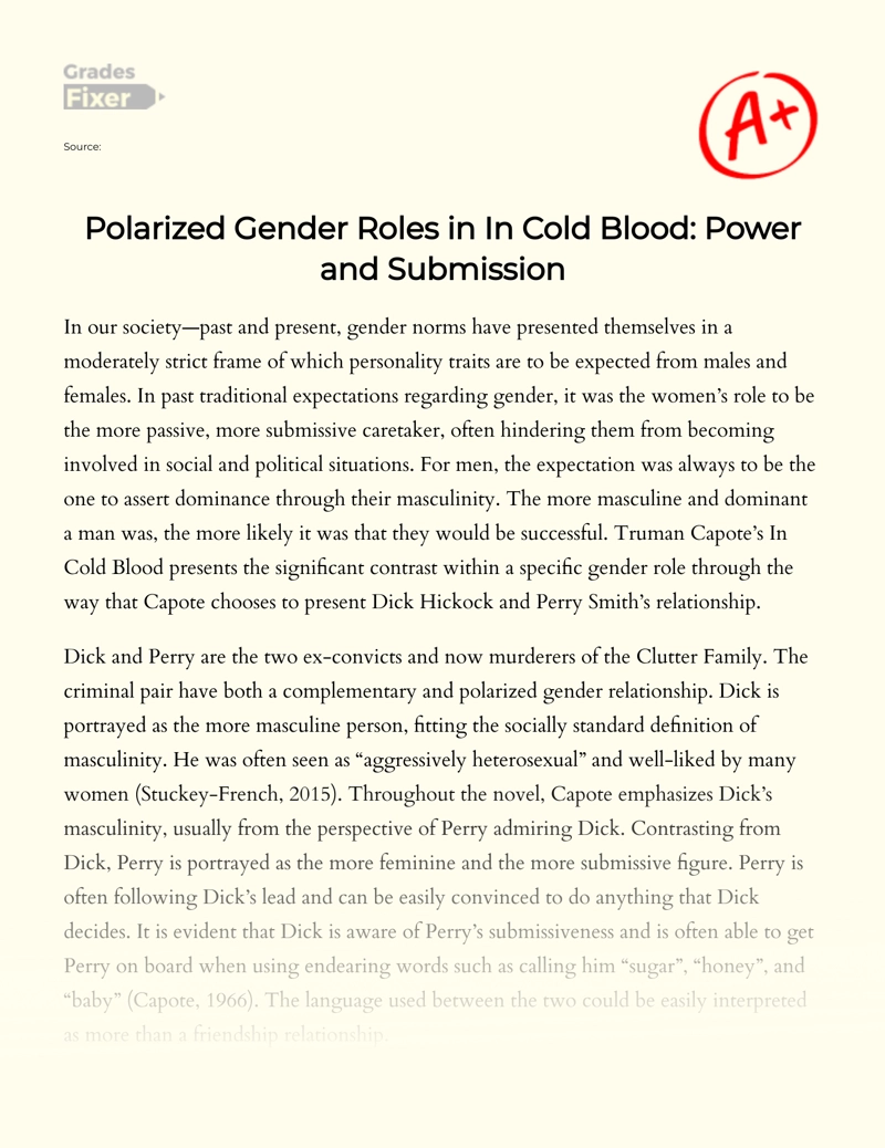 Polarized Gender Roles in in Cold Blood: Power and Submission Essay