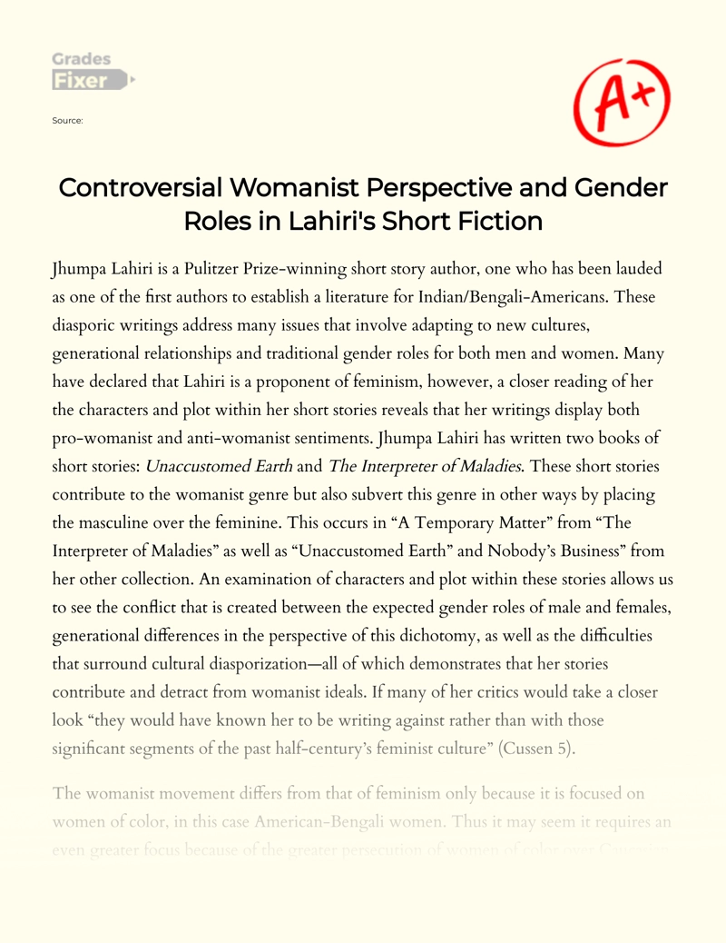 Controversial Womanist Perspective in Lahiri's Short Stories Essay