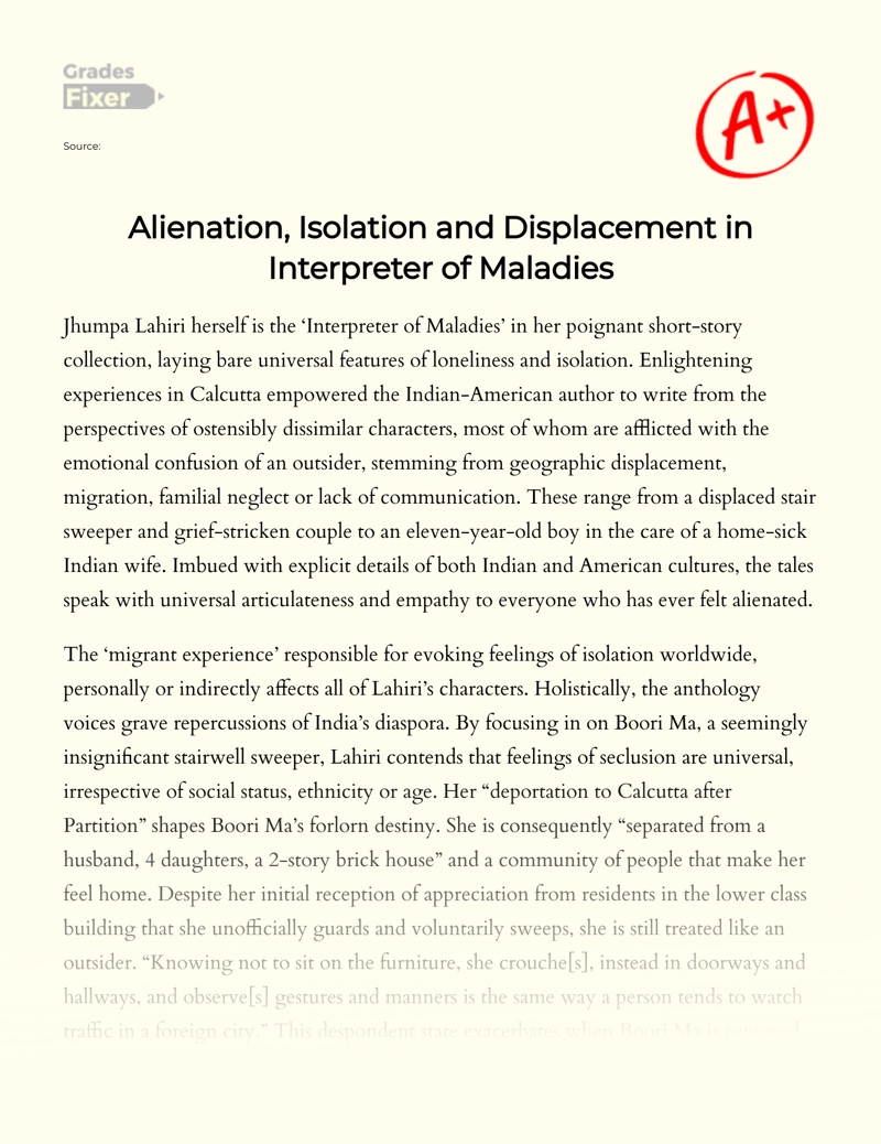 Alienation, Isolation and Displacement in Interpreter of Maladies essay