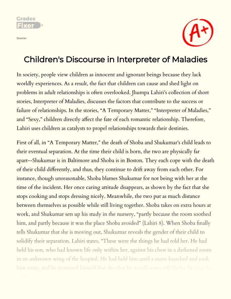 Children's Discourse in "A Temporary Matter", "Interpreter of Maladies", and "Sexy"  essay