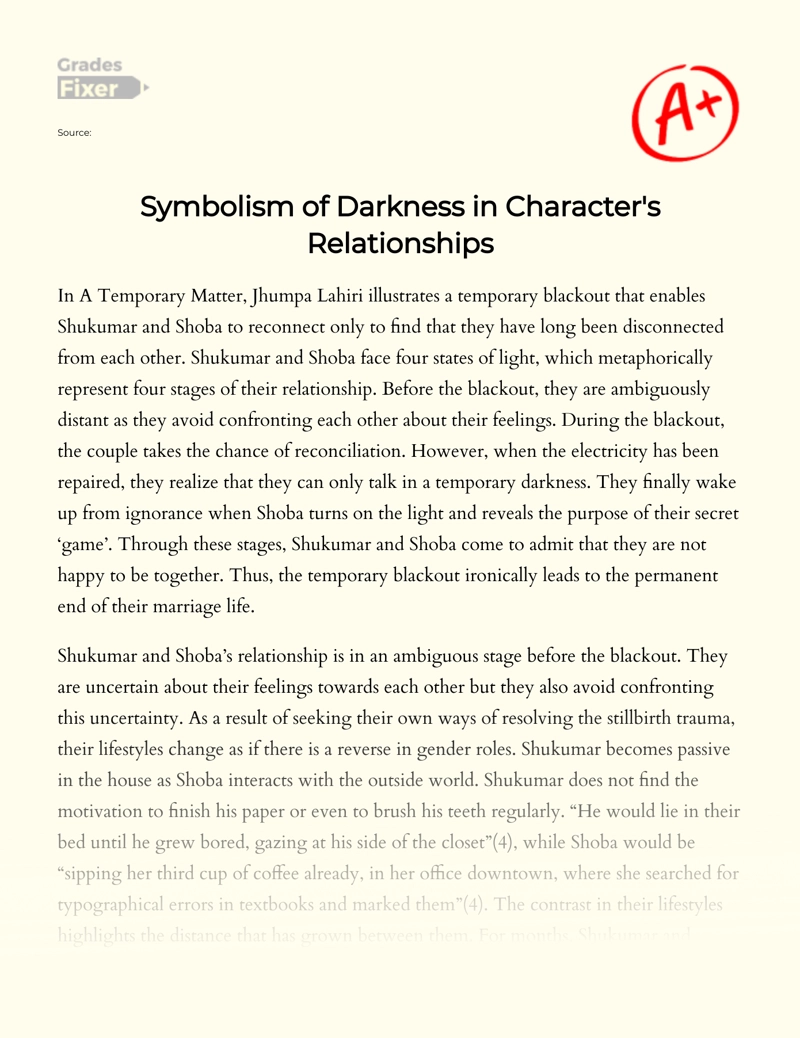 Symbolism of Darkness in Character's Relationships essay