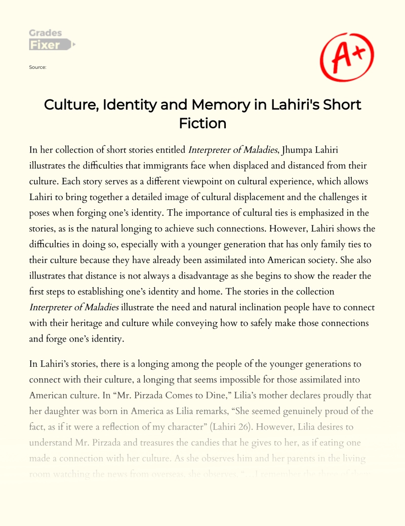Culture, Identity and Memory in Lahiri's Short Fiction essay