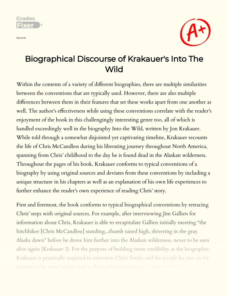 Biographical Discourse of Krakauer's 'Into The Wild' essay
