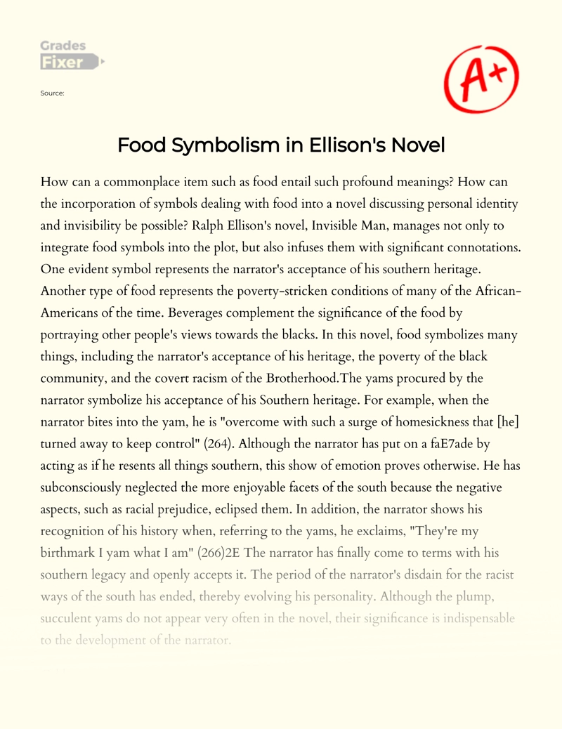 Food Symbolism in Ellison's Novel "Invisible Man" Essay