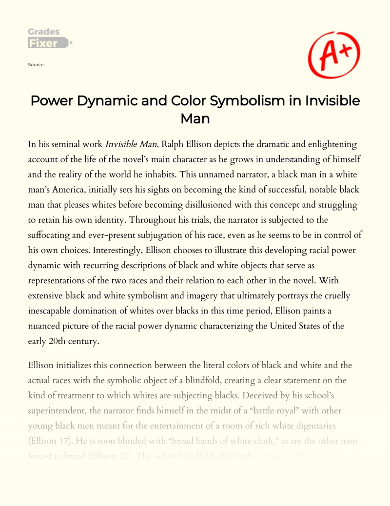 Power Dynamic and Color Symbolism in "Invisible Man" Essay