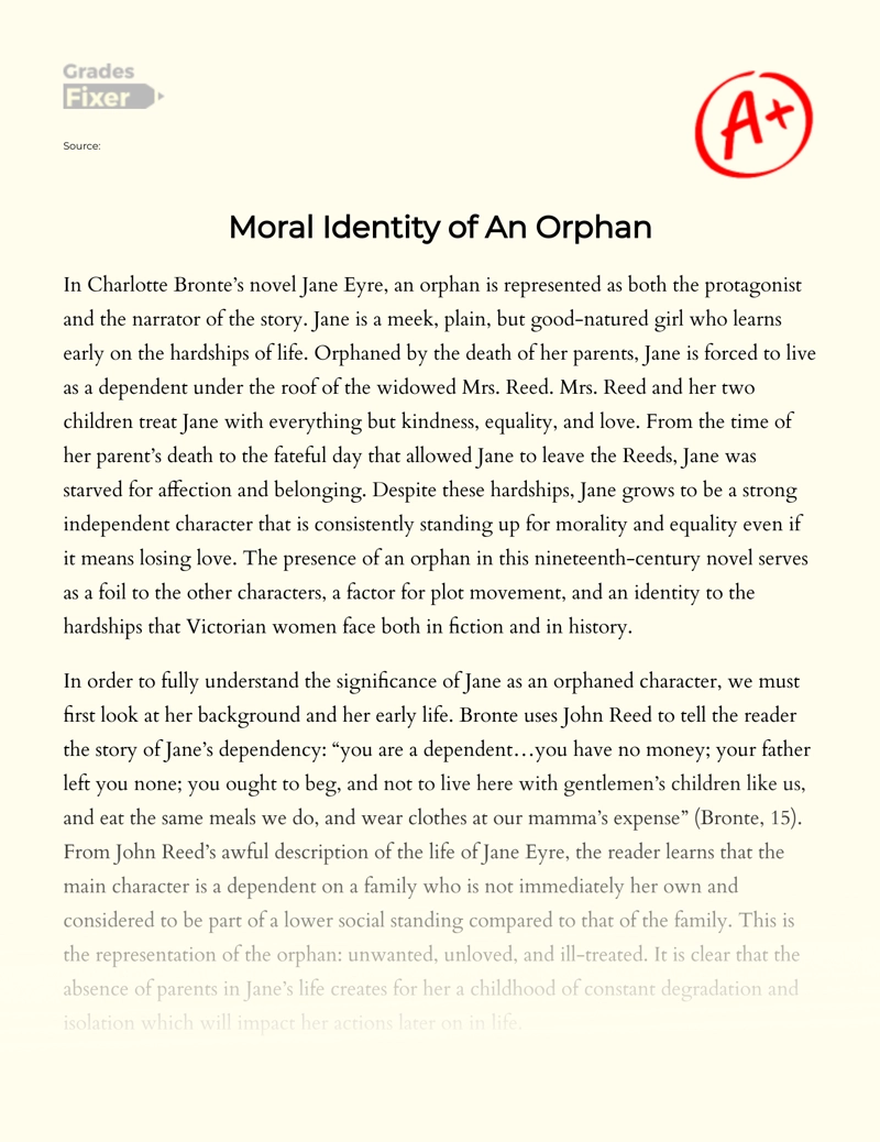 Moral Identity of an Orphan in Jane Eyre Essay