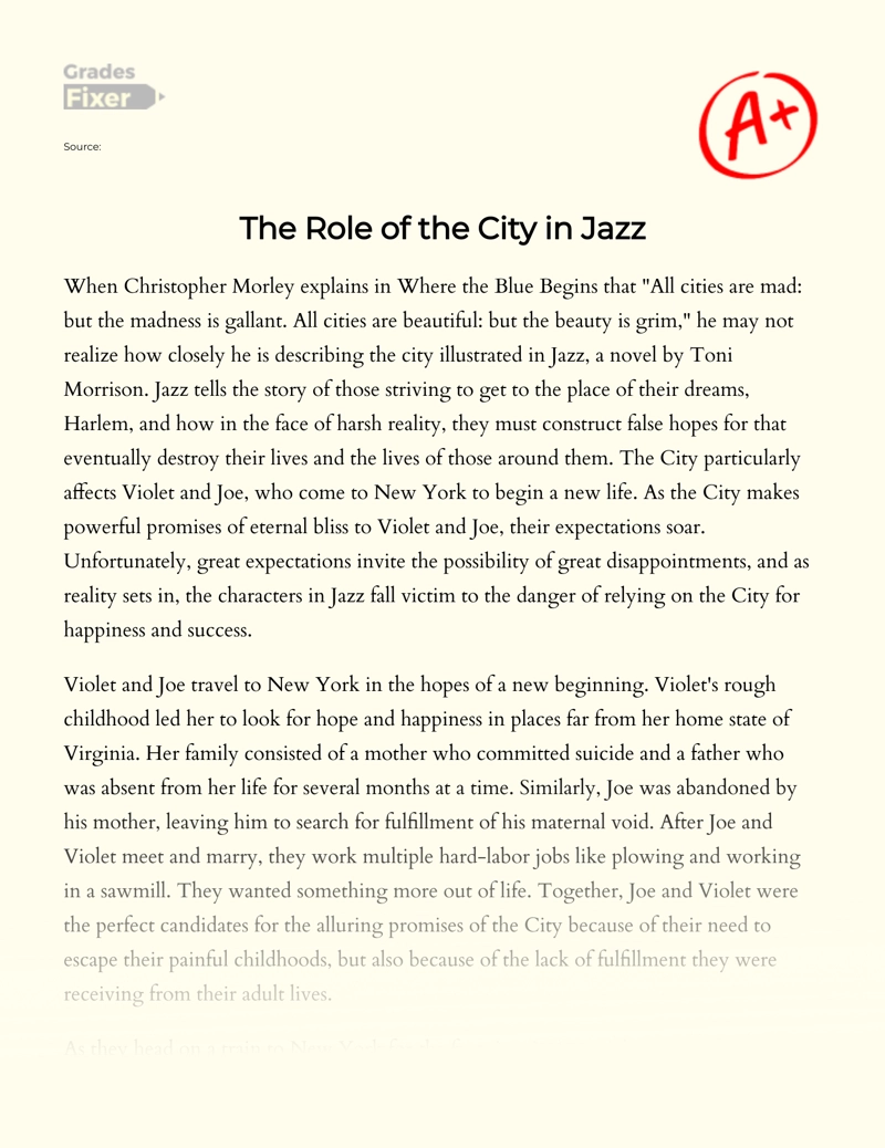 The Role of The City in The Novel "Jazz" by Toni Morrison Essay