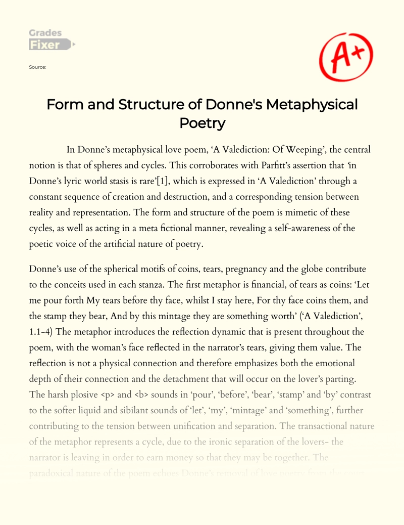Form and Structure of Donne's Metaphysical Poetry Essay