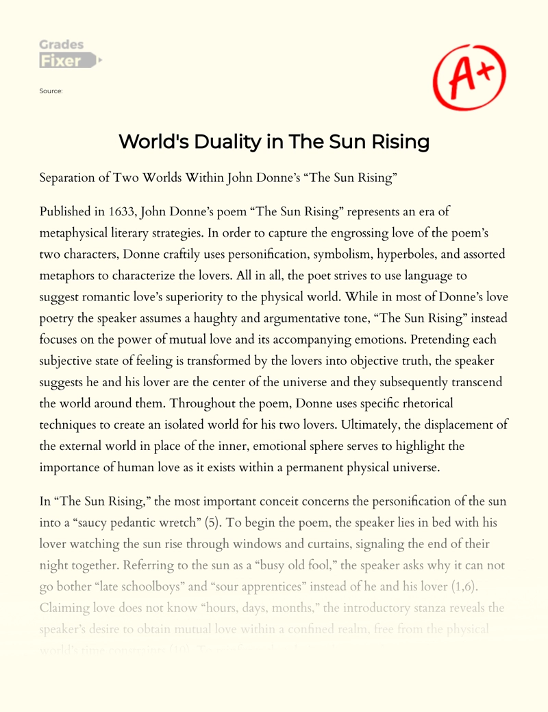 World's Duality in The Sun Rising by John Donne Essay