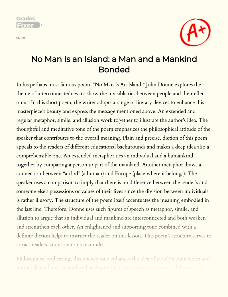 The Theme of Interconnectedness in No Man is an Island by John Donne Essay