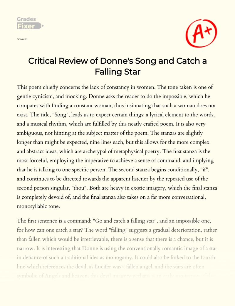 Critical Review of Donne's "Song: Go and Catch a Falling Star" Essay