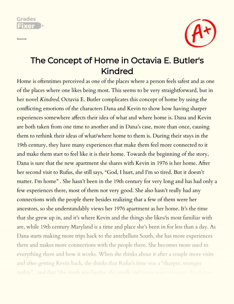 The Concept of Home in Octavia E. Butler's Kindred Essay