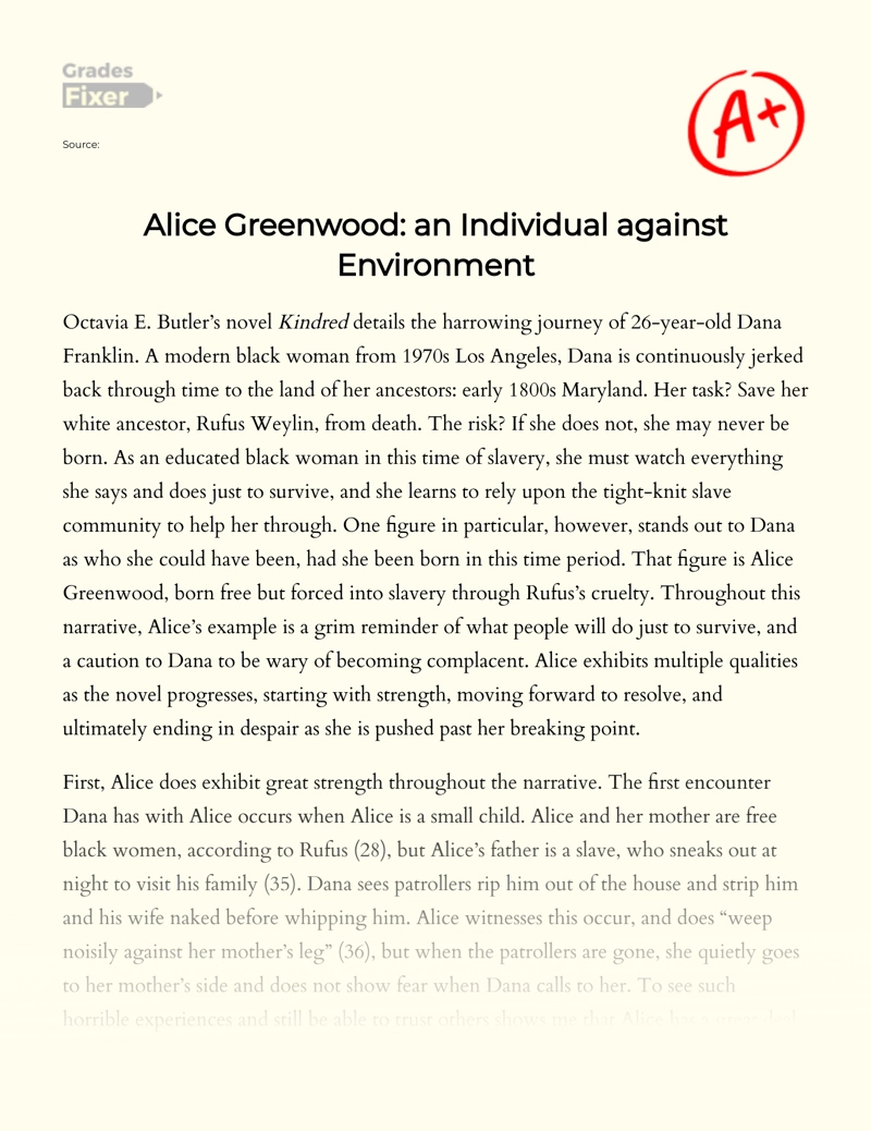 Alice Greenwood: an Individual Against Environment essay