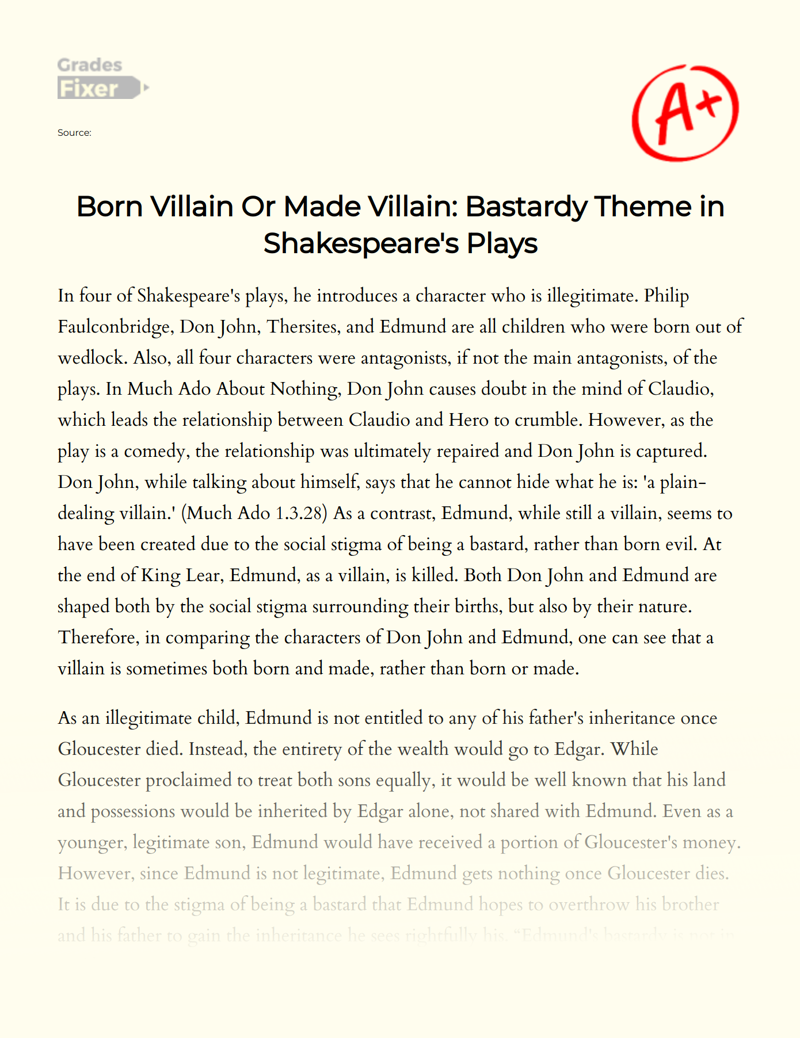 Born Villain Or Made Villain: Bastardy Theme in Shakespeare's Plays Essay