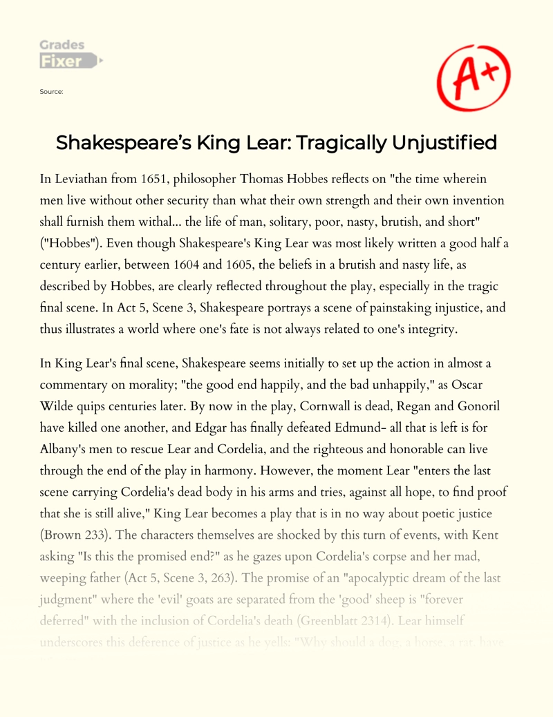 Shakespeare’s King Lear: Tragically Unjustified essay