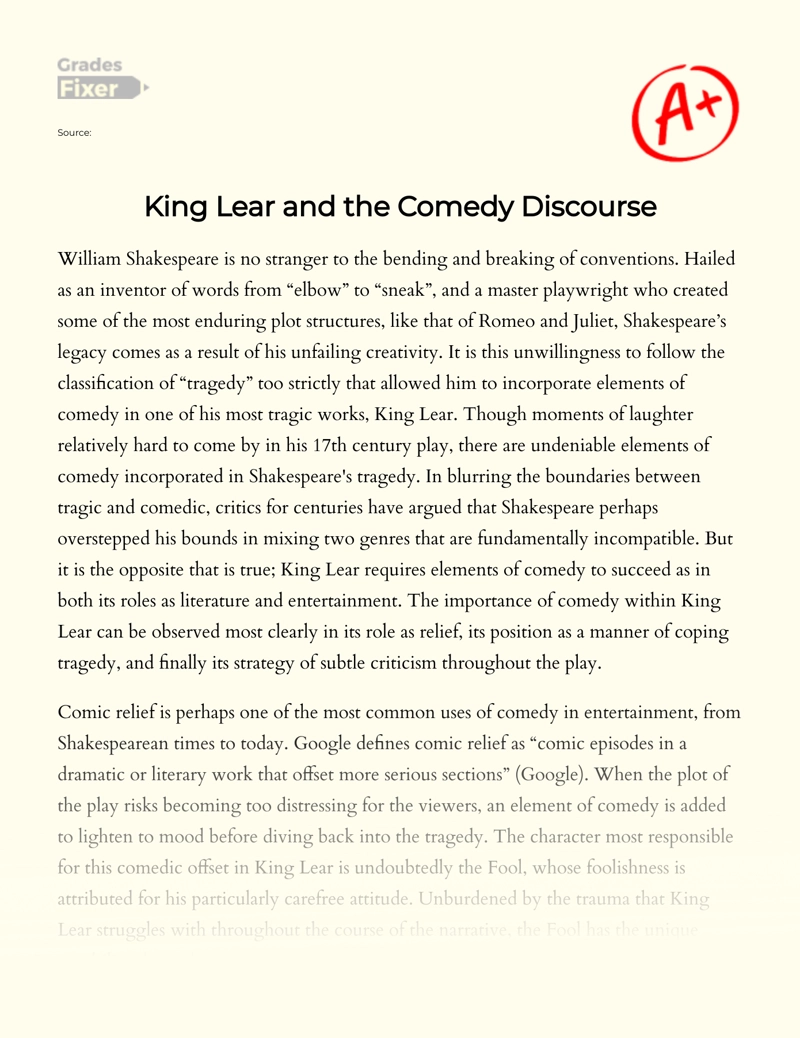 Comedy Discourse in Shakespeare's King Lear Essay