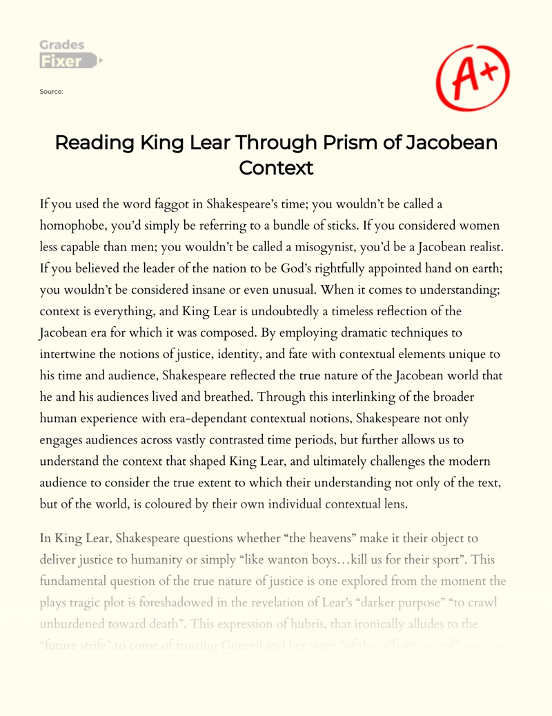 Reading King Lear Through The Prism of Jacobean Context Essay