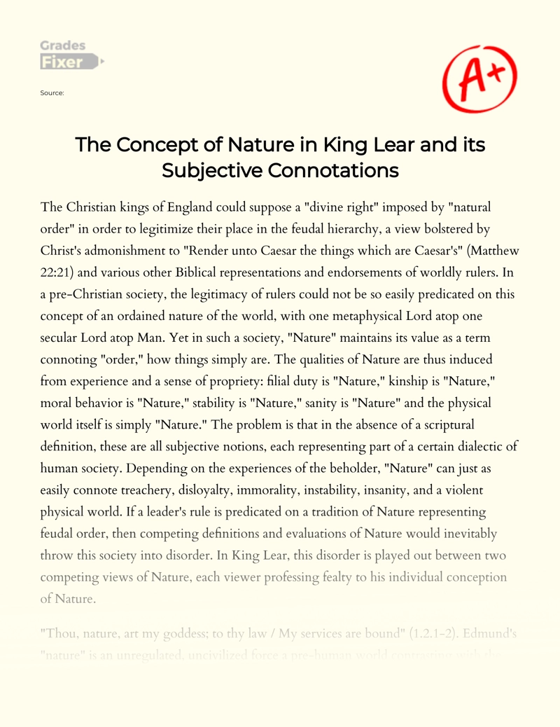 The Concept of Nature and Its Subjective Connotations in King Lear Essay