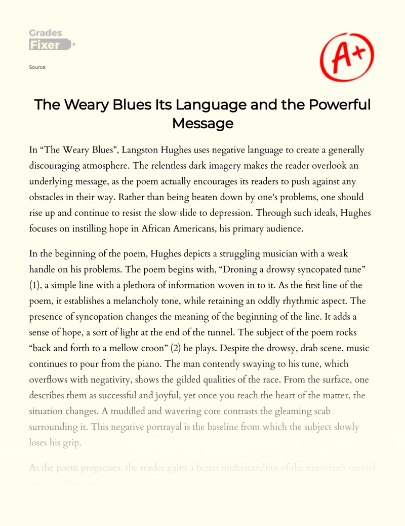 "The Weary Blues": Its Language and The Powerful Message Essay