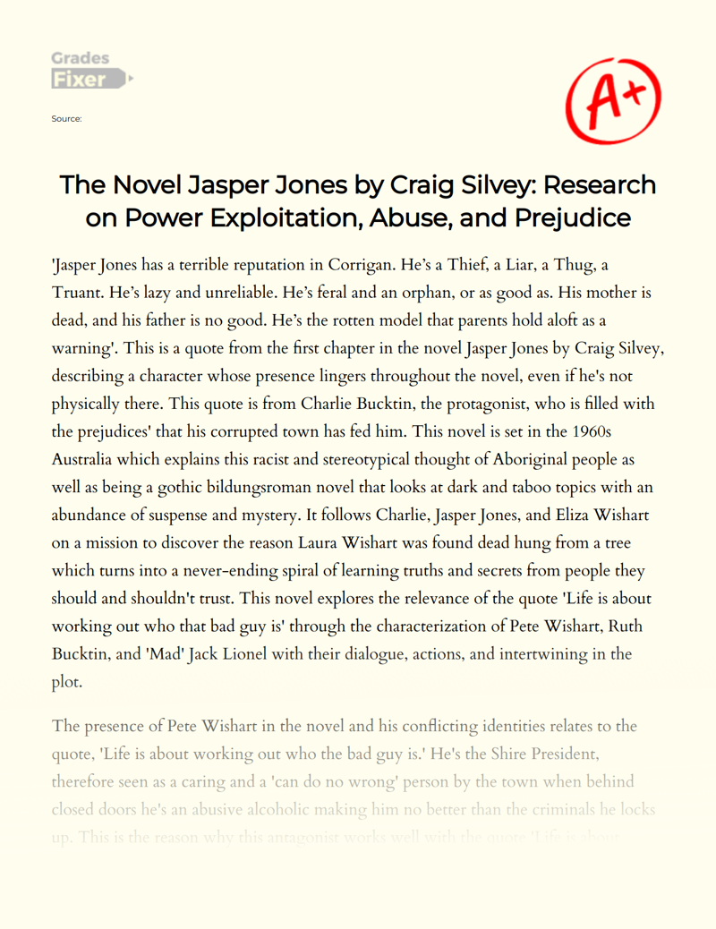 The Novel Jasper Jones by Craig Silvey: Research on Power Exploitation, Abuse, and Prejudice Essay
